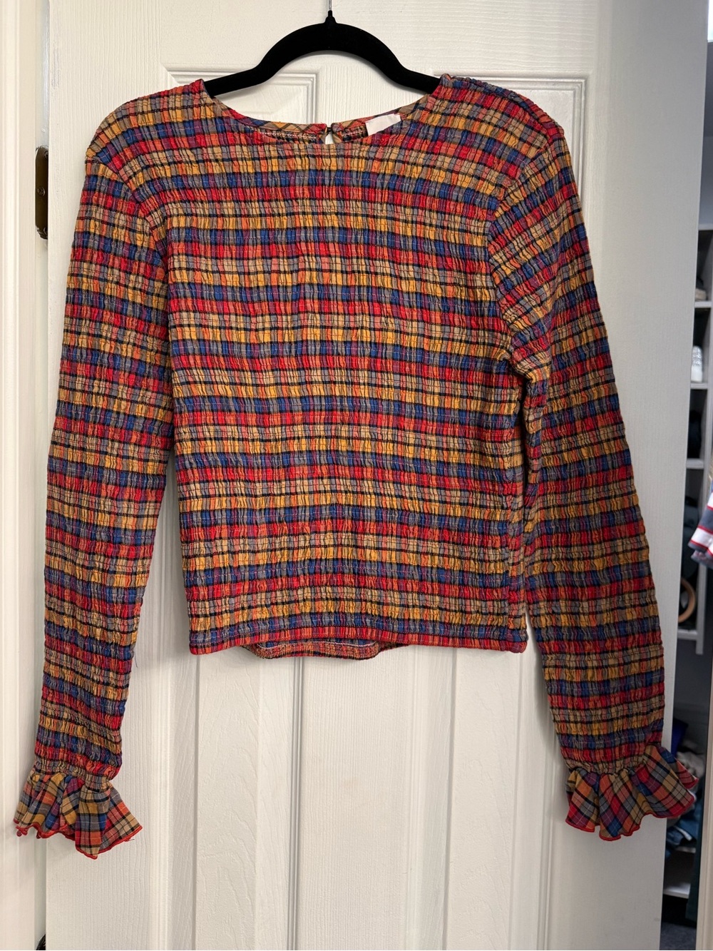 Maeve Multicolor Plaid Long-Sleeve Top with Ruffle Cuffs